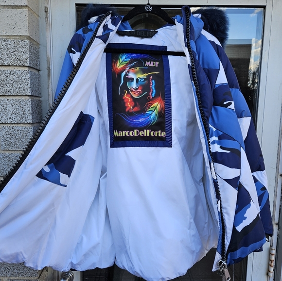 NWT Marco Del Forte Womens Winter Camo Blue Coat with Real Fur. Made in Italy - Picture 4 of 16